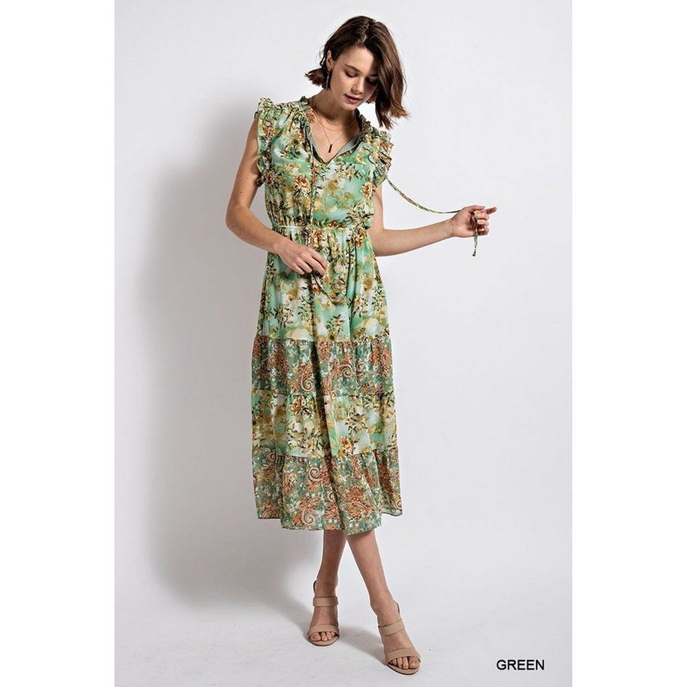womens dress Green Floral Midi Dress Romantic Ruffled Midi womens size medium